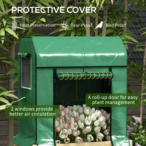 Outsunny Wooden Raised Planter with Plastic Greenhouse Cover and Bed Liner, Elevated Garden Bed for Vegetables, Flowers, Herbs, 86 x 60 x 165cm, Green