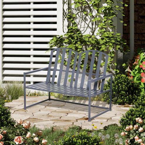 Outsunny Garden Bench Loveseat 2 Seat Chair for Outdoor Park, Yard, Steel Frame, Decorative Slatted Design, Grey Image