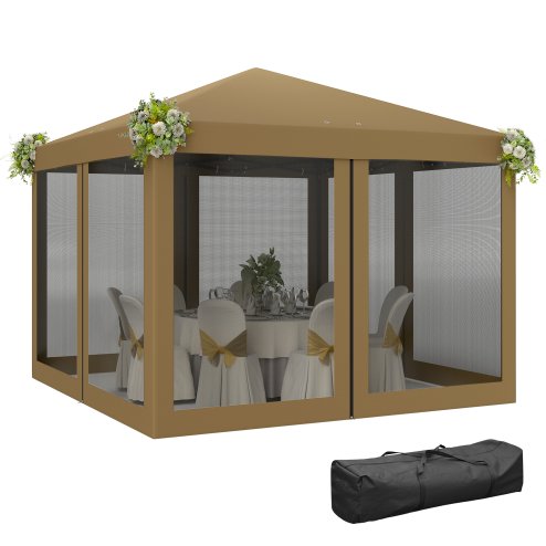 Outsunny 3 x 3m Pop Up Gazebo, 420D Garden Tent Canopy with Removable Mesh Sidewall Netting, Carry Bag for Garden Patio Outdoor, Khaki
