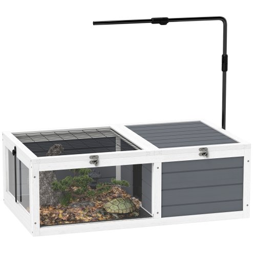 PawHut Tortoise House, Wooden Tortoise Table, Tortoise Enclosure with Adjustable Lamp Holder, Openable Lids, Pull-Out Trays - Grey