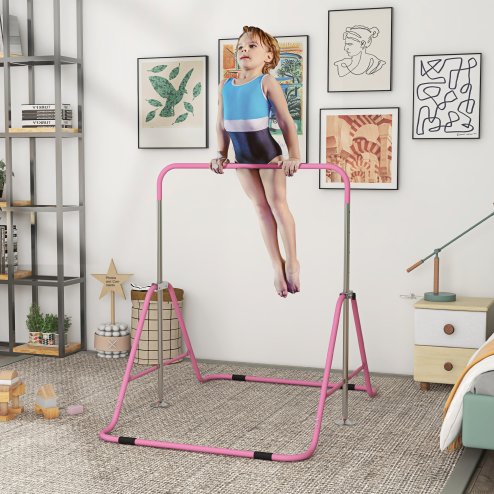HOMCOM Kids Gymnastic Bar, Foldable Horizontal Bars w/ Adjustable Height, Training Bar w/ Triangle Base - Pink