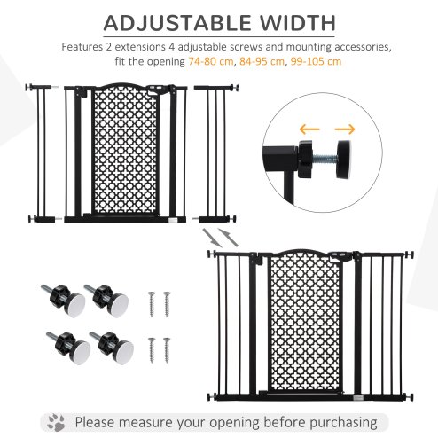 PawHut 74-105 cm Pressure Fit Safety Gate for Doorways and Staircases, Dog Gate, Pet Barrier for Hallways with Auto Close, Double Locking, 2 Extensions