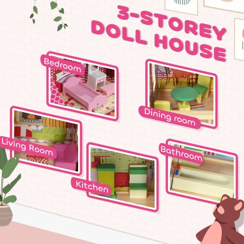 AIYAPLAY Dolls House with 13 Pieces Wooden Furniture and Accessories, 3 Levels Play Set with Detachable Balcony, Garage, Movable Slides, Gift for 3-6 Years