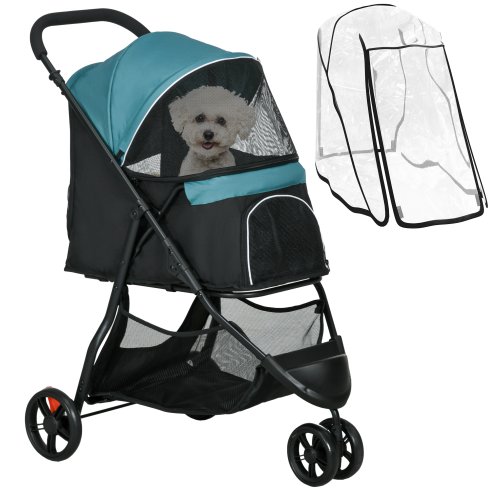 PawHut Dog Pram with Rain Cover Pet Stroller, Foldable Dog Pushchair for Small and Miniature Dogs, Cats - Dark Green