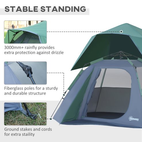 Outsunny 3-4 Person Pop-Up Camping Tent Hiking Family Travel Shelter Portable Double Layer Automatic Outdoor Olive Green