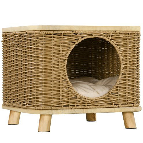 PawHut Wicker Cat House, Elevated Design Rattan Cat Bed Basket with Washable Soft Cushion, Door Hole, for Indoor Cats Kittens, Light Brown