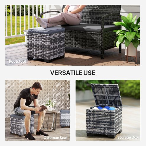 Outsunny Set of 2 Rattan Storage Ottoman, Outdoor Footstool with Removable Cushions, Garden Storage Seat for Balcony, Porch, Living Room, Dark Grey