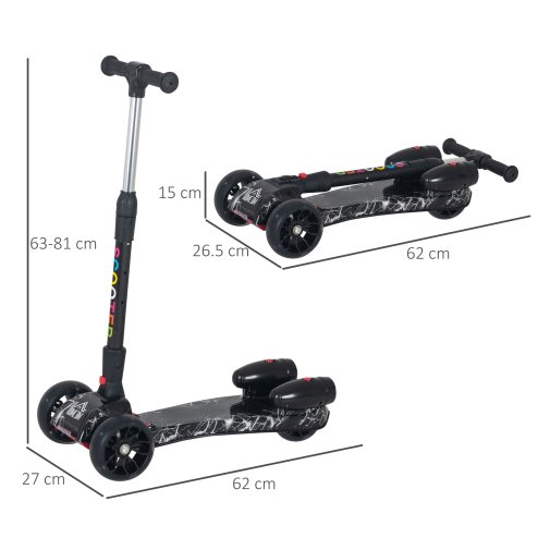 HOMCOM Kids Scooter, 3 Wheel Foldable Kick Scooter Adjustable Height w/ Flashing Wheels, Music, Water Spray for 3-6 Years, Black