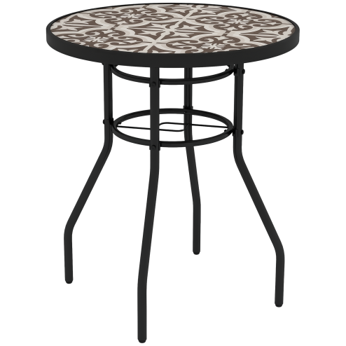 Outsunny ??60 cm Garden Round Coffee Table,  Outdoor Side Table with Tempered Glass Printed Table Top and Foot Pads for Porch, Balcony, Tan Brown