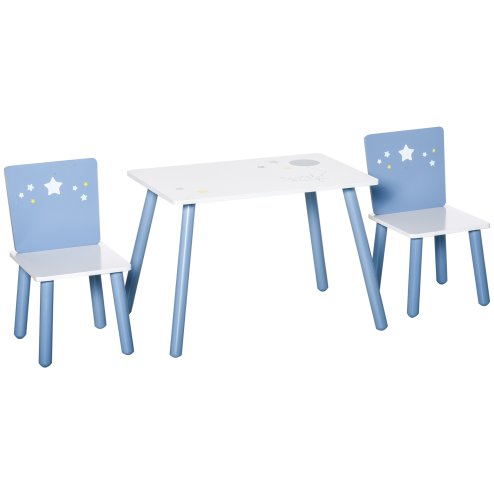 HOMCOM 3 Pcs Kids Table & Chairs Set w/ Wood Legs Safe Corners Cute Stars Seating Mini Furniture Home Playroom Bedroom Dining Room Blue Image