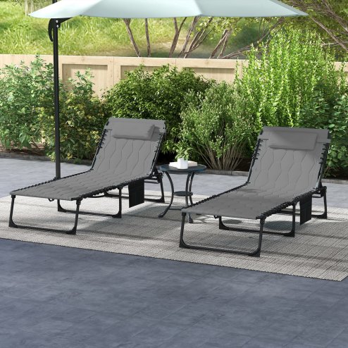Outsunny 2 Piece Foldable Sun Lounger Set with 5-level Reclining Back, Outdoor Tanning Chairs Sun Loungers with Build-in Padded Seat, Side Pocket, Headrest for Beach, Patio, Grey