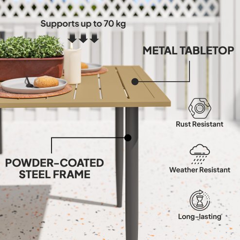 Outsunny Garden Dining Table for 6 Person, Rectangle Outdoor Coffee Table with 5 cm Parasol Hole, Slatted Tabletop and Steel Frame for Patio Balcony, Brown