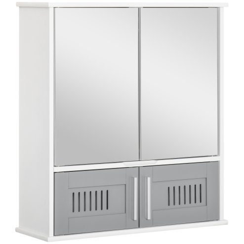 kleankin Bathroom Mirror Cabinet, Wall Mounted Storage Cupboard with Double Doors and Adjustable Shelf, Bathroom Organizer