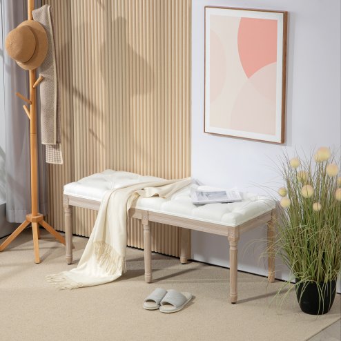 HOMCOM Bedroom End of Bed Bench, 117cm French Vintage Bench with Thick Padding and Wood Legs, Button Tufted Bench for Entryway Living Room Bedroom Decor, Cream White