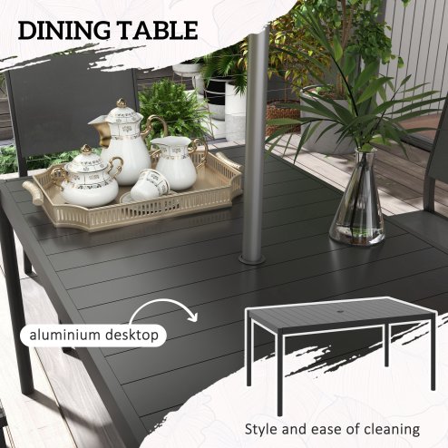 Outsunny 7 Piece Garden Dining Set, 6 Seater Garden Table and Chairs with Parasol Hole, Aluminium Top Table and Texteline Chairs, Outdoor Dining Furniture Set for Patio, Dark Grey