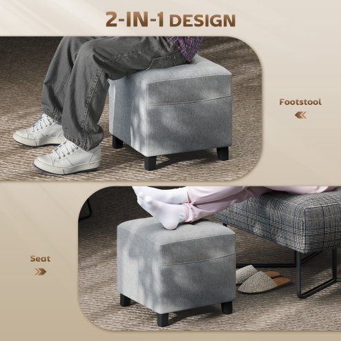 HOMCOM Square Footstool, Small Ottoman with Side Pocket, Linen Fabric Footrest Foot Stool with Rubber Wood Legs and Padded Seat for Living Room, Bedroom, Entryway, 35 x 35 x 35cm, Light Grey