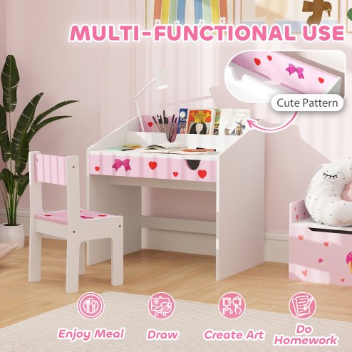 AIYAPLAY Kids Desk and Chair Set, Children Study Table and Chair with Storage, Pull-Out Drawer, Bow Pattern, for Bedroom, Playroom, Nursery, for Ages 3-6 Years, Pink