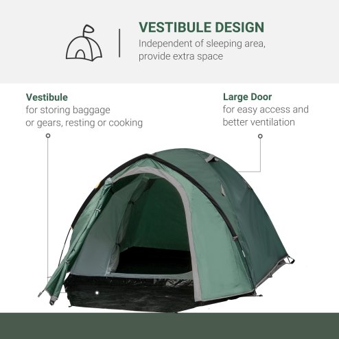 Outsunny Two-Man Camping Tent Dome Tent with Weatherproof Shell, Vestibule & Windows, for Fishing & Hiking, Green and Grey