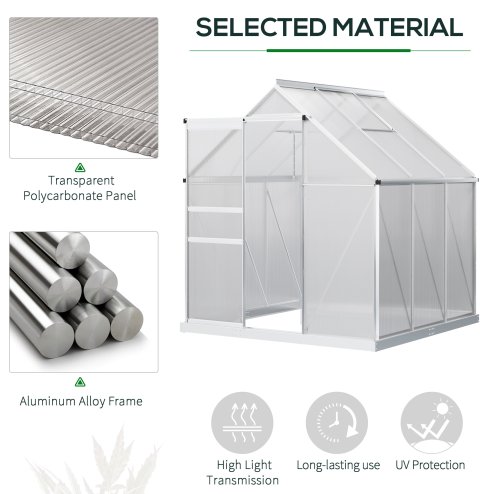 Outsunny Polycarbonate Greenhouse, Small Greenhouse with Adjustable Roof Vent, Garden Green House with Galvanised Base, Sliding Door and Rain Gutter, 190 x 190 x 200 cm, Silver Tone