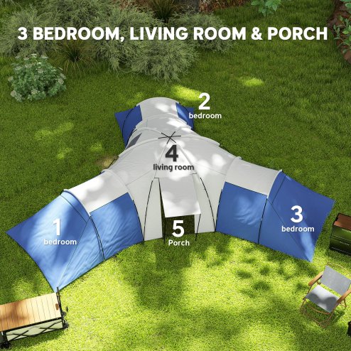 Outsunny 6-9 Man Large Tunnel Tent with 3 Bedroom, Living Area and Porch, 2000mm Waterproof Camping Tent, Portable with Bag, for Fishing Hiking Festival, Blue