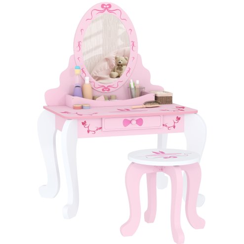 AIYAPLAY Kids Dressing Table Set, Two-Piece Kids Vanity Table with Stool, Mirror, Drawer, Desktop Storage, Ballet Theme, Girls Makeup Desk, Chair, Pink Image