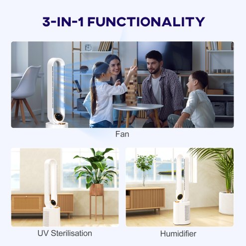 HOMCOM Bladeless Tower Fan with UV Sterilisation & Humidifier, 3-in-1 Air Cooling Fan with Oscillation, 12-Speed, Remote Control, 8H Timer, Sleep Mode, for Home Office, White