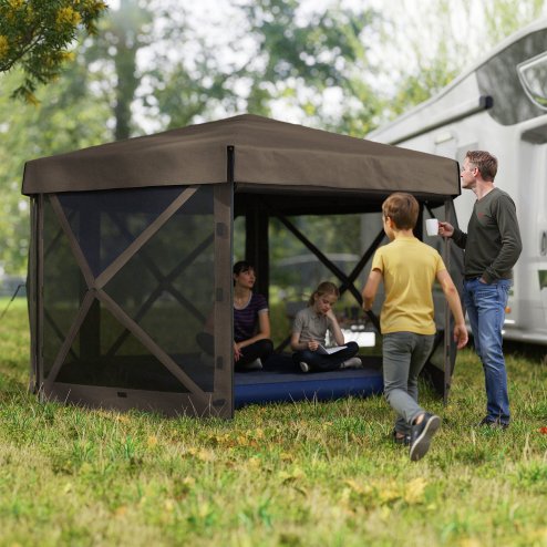 Outsunny 3 x 3(m) Hexagon Pop Up Gazebo with 5 Sides and Carry Bag, Waterproof, UV Resistant Party Tent Instant Event Shelter with Netting for Garden, Patio, Brown