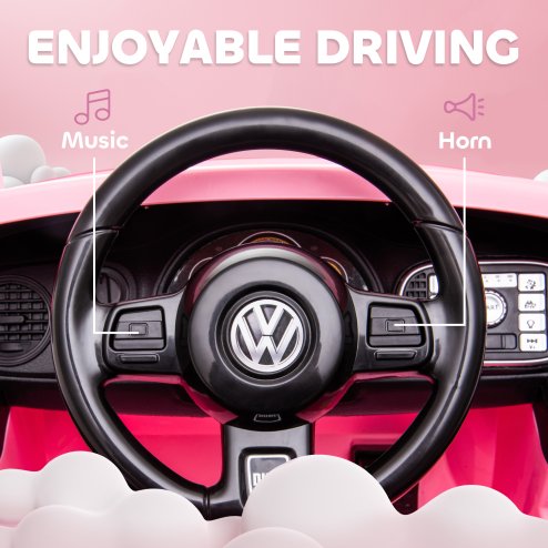 AIYAPLAY Volkswagen Beetle Licensed Ride on Car, 12V Kids Electric Car with Remote Control, 4 Spring Suspension Wheels, Soft Start, Headlights, FM Radio, Music, Horn, Pink
