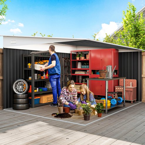 Outsunny 11.3 x 9.2ft Lean to Metal Garden Shed, Outdoor Galvanised Tool Storage House with Double Sliding Doors and 2 Air Vents, Black