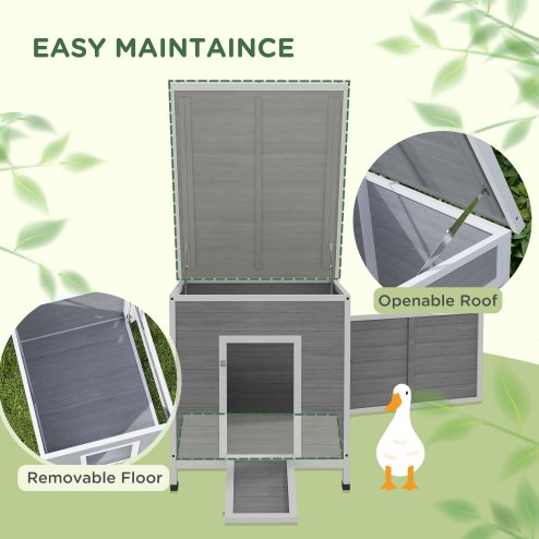 PawHut Wooden Duck House, Raised Poultry Coop with Ramp, Double Doors, Openable Asphalt Roof, Ventilation Holes, Removable Base, for 2-4 Ducks, Chickens, Geese, Light Grey