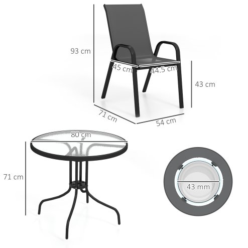 Outsunny 5 Pieces Garden Dining Set, 4 Seater Garden Furniture with High Back Stackable Chairs and Round Glass Top Table, Outdoor Bistro Set with Parasol Hole for Patio, Black