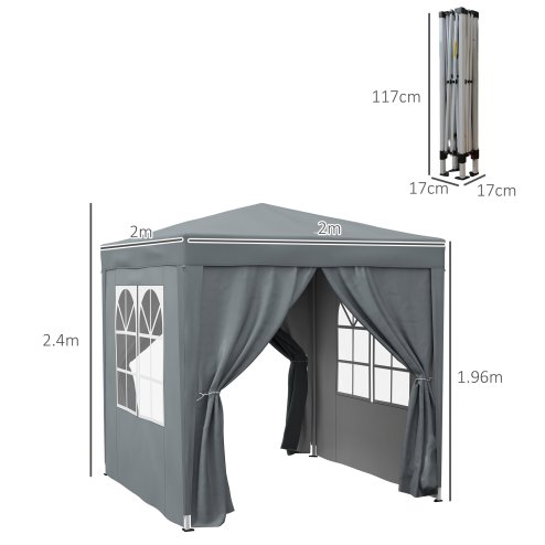 Outsunny 2 x 2 m Garden Pop Up Gazebo, Wedding Party Tent Marquee, Water Resistant Awning Canopy With Sidewalls, Windows, Carry Bag, Grey