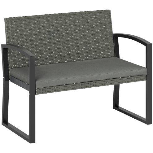 Outsunny 2 Seater Rattan Garden Bench, Outdoor Bench with Cushion, PE Wicker Garden Loveseat with Armrests, Galvanised Steel Frame for Patio, Park, Dark Grey