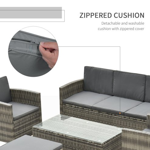 Outsunny 5 Pieces Rattan Garden Furniture Set, Wicker Garden Sofa Set with Storage Sofa and Ottomans, 2 Armchairs, Glass Coffee Table, Outdoor Conservatory Furniture with Cushions for Patio, Grey