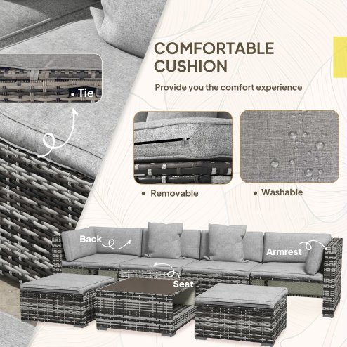 Outsunny 7 Pieces PE Rattan Garden Sofa Set Patio Furniture Set with Glass Table, Stools, Cushions, Pillows, for Outdoor Balcony, Mixed Grey