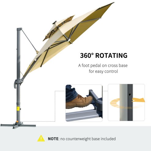 Outsunny 3(m) Cantilever Roma Parasol with LED Solar Lights, Crank & Tilt, Aluminium Frame, Cross Base and Adjustable Canopy 360° Rotating Sun Umbrella with 2-Tier Shade, Beige