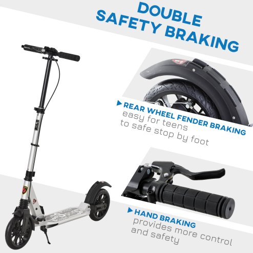 HOMCOM Adult Teens Kick Scooter Foldable Height Adjustable Aluminium Ride On Toy for 14+ w/ Rear Wheel & Hand Brake, 200mm Big Wheels, Shock Mitigation System - Silver