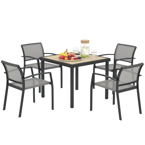 Outsunny 4 Seater Garden Dining Set, 5 Piece Garden Furniture Set with 4 Stackable Armchairs, Outdoor Table and Chairs with Easy Clean Top, Steel Frame, Texteline Seat, for Terrace, Balcony, Grey