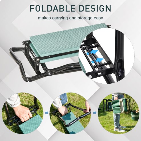 Outsunny 2 in 1 Garden Kneeler Seat, Kneeling Pad Support Bench, Foldable Knee Protector with Tool Bag, Green