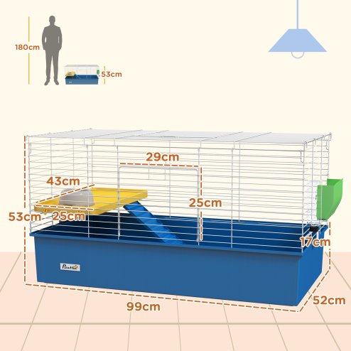 PawHut Guinea Pig Cage Chinchillas Rabbit Small Animal Cage with Ramp, Dish, Water Bottle, 99 x 52 x 53cm, Blue