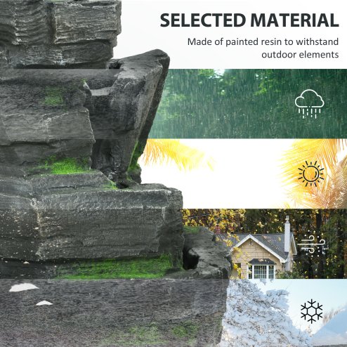 Outsunny Solar Powered Garden Water Feature with LED Lights and Pump, 4 Tier Cascading Water Fountain for Indoor/Outdoor, Stacked Stone Rock Waterfall Ornament, 57cm Height, Dark Grey