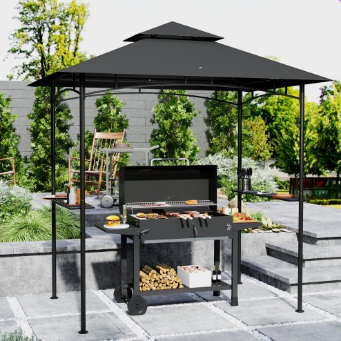 Outsunny 2.4 x 1.5 m (8' x 5') Grill Gazebo Canopy with LED Lights, Double Tiered Outdoor BBQ Gazebo Shelter with 2 Side Shelves, Storage Basket and Hooks for Garden, Barbecue, Picnic, Dark Grey
