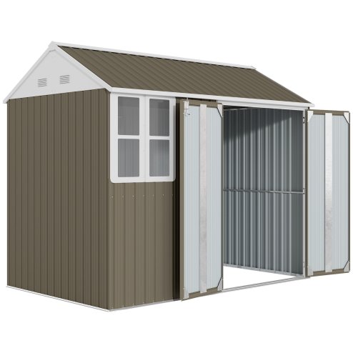 Outsunny 8 x 6 ft Garden Shed, Metal Shed with Double Doors, Window and Air Vents, Galvanised Outdoor Lockable Tool Storage House, Grey