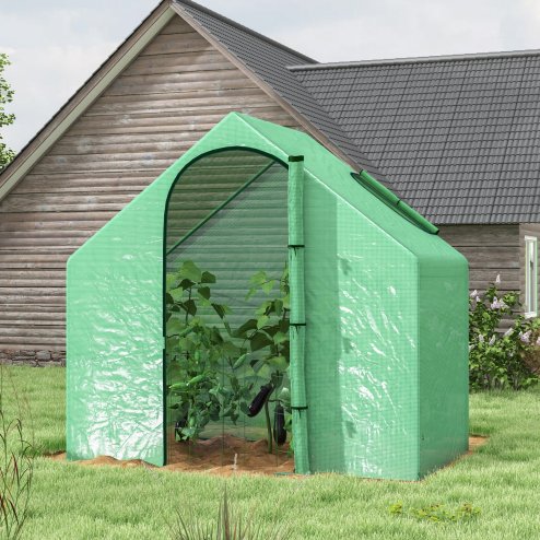 Outsunny Walk In Tomato Greenhouse Garden Outdoor Mini Greenhouse Flower Planter Steel Frame with Zipped Door & Window, PE Cover, 180 x 100 x 168CM, Green