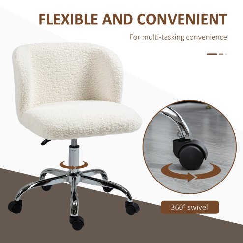HOMCOM Office Chair, Cosy Teddy Fleece Upholstery Desk Chair with Backrest and Wheels for Home Office, White