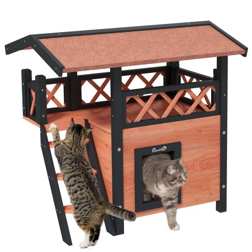 PawHut Outdoor Cat House Kitten Shelter Puppy Kennel with Balcony Stairs Asphalt Roof, 77 x 50 x 73 cm, Brown