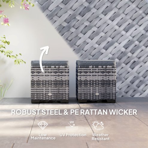 Outsunny Set of 2 Rattan Storage Ottoman, Outdoor Footstool with Removable Cushions, Garden Storage Seat for Balcony, Porch, Living Room, Dark Grey