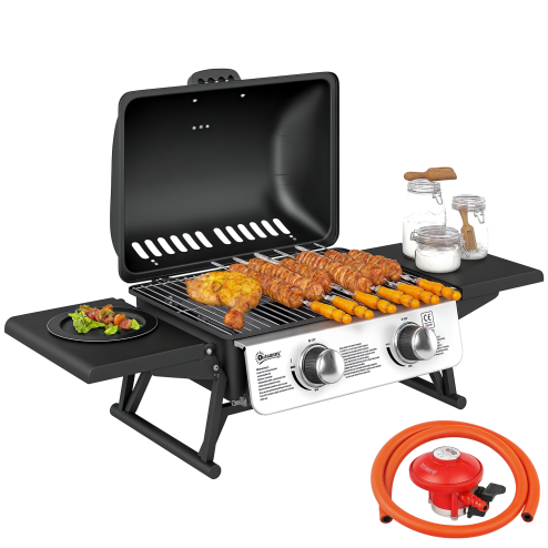 Outsunny 2 Burner Gas BBQ Grill with Foldable Side Tables, Portable Tabletop Gas Barbecue Grill with Built-in Thermometer, Lid, Grease Tray for Garden Party Camping Picnic Outdoor Cooking 5.6KW, Black