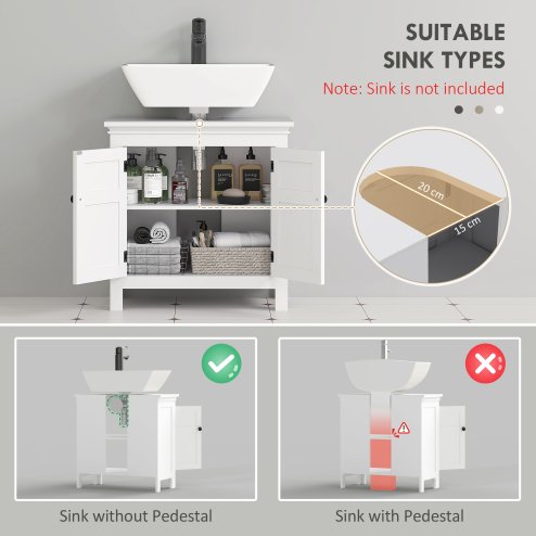 HOMCOM Under Sink Bathroom Cabinet, Freestanding Bathroom Sink Cabinet with Adjustable Shelf for Wall-Mounted Sinks, 60 x 30 x 60cm, White