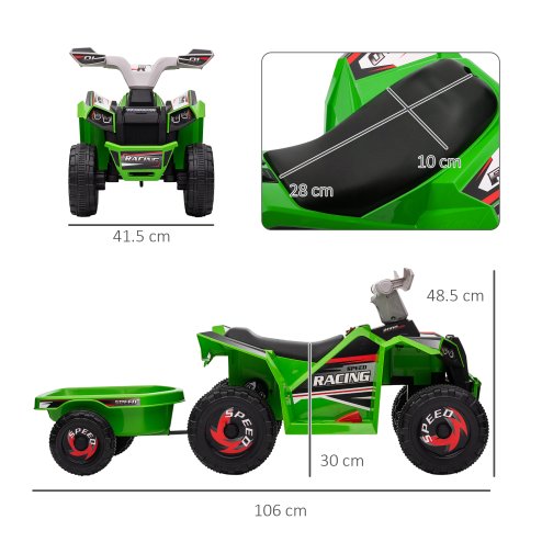 HOMCOM Electric Quad Bike, 6V Kids Ride On All Terrain Vehicle with Back Trailer for Ages 18-36 Months - Green